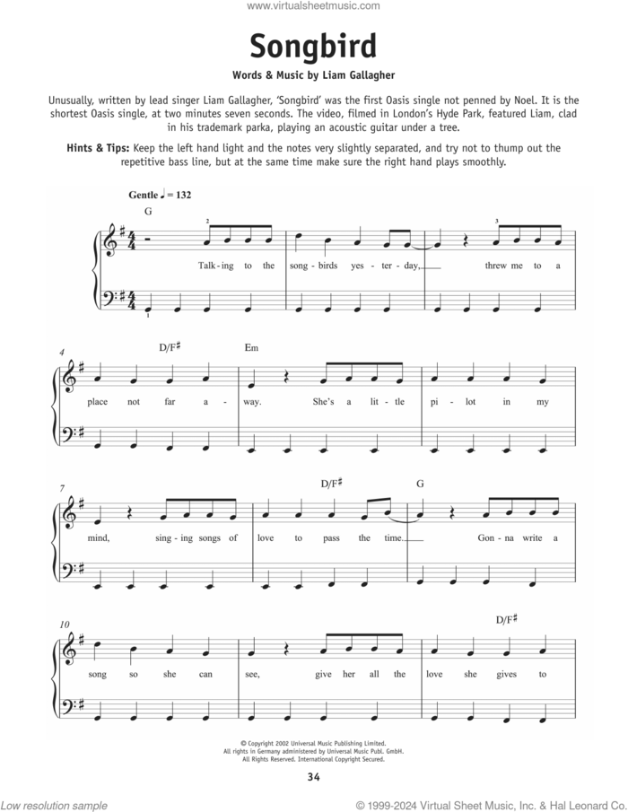 Songbird sheet music for piano solo by Oasis and Liam Gallagher, beginner skill level