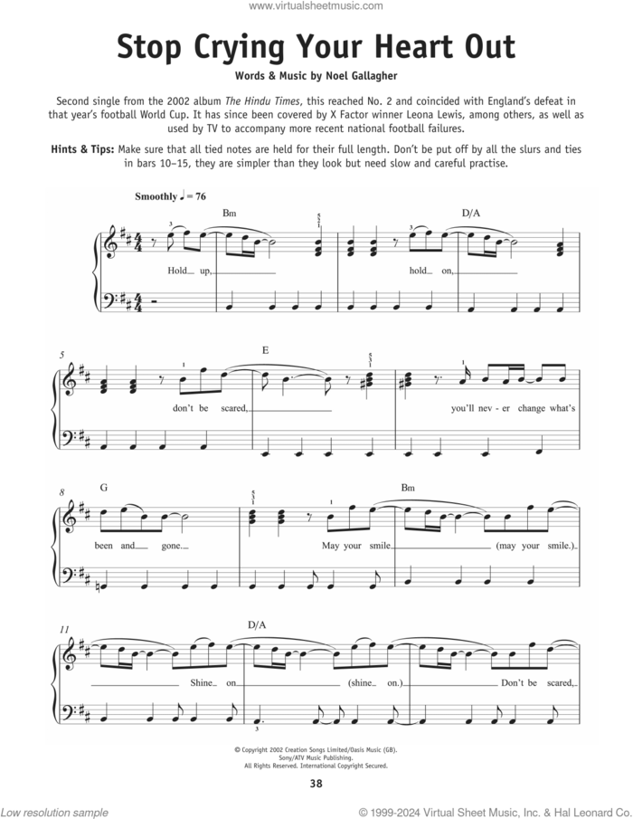 Stop Crying Your Heart Out, (beginner) sheet music for piano solo by Oasis and Noel Gallagher, beginner skill level