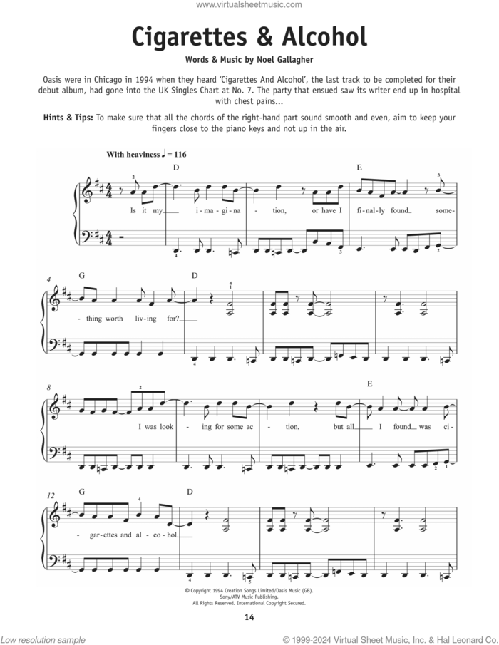 Cigarettes and Alcohol sheet music for piano solo by Oasis and Noel Gallagher, beginner skill level