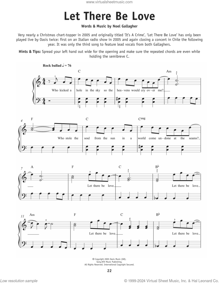 Let There Be Love sheet music for piano solo by Oasis and Noel Gallagher, beginner skill level