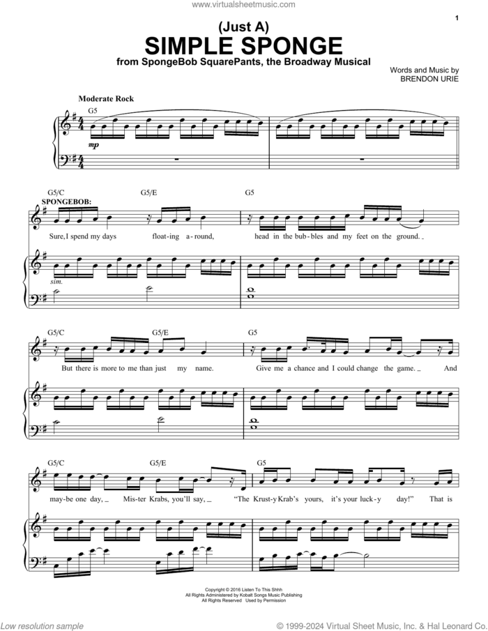 (Just A) Simple Sponge (from Spongebob Squarepants, The Broadway Musical) sheet music for voice and piano by Panic! At The Disco and Brendon Urie, intermediate skill level