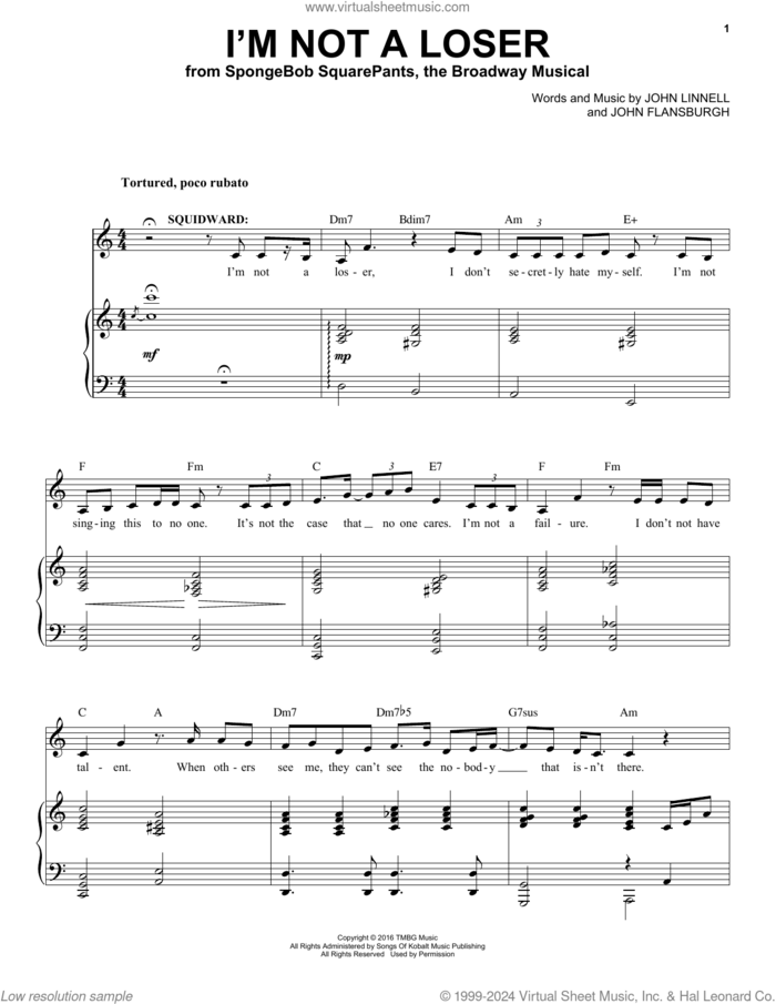 I'm Not A Loser (from Spongebob Squarepants, The Broadway Musical) sheet music for voice and piano by They Might Be Giants, John Flansburgh and John Linnell, intermediate skill level