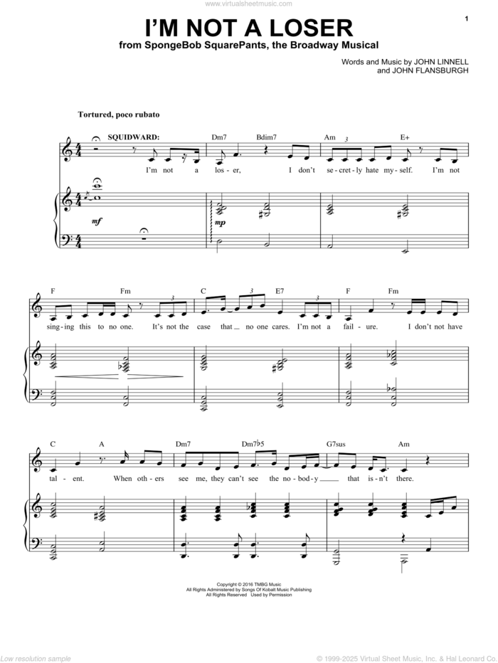 I'm Not A Loser (from Spongebob Squarepants, The Broadway Musical) sheet music for voice and piano by John Flansburgh, They Might Be Giants and John Linnell, intermediate skill level