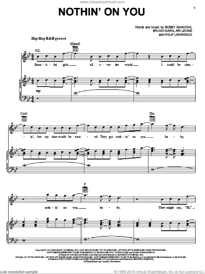 Nothin' On You sheet music for voice, piano or guitar by B.o.B. featuring Bruno Mars, B.o.B., Ari Levine, Bobby Simmons, Bruno Mars and Philip Lawrence, intermediate skill level
