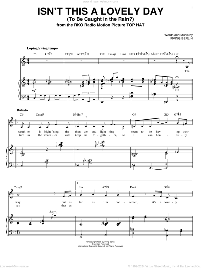 Isn't This A Lovely Day (To Be Caught In The Rain?) sheet music for voice and piano by Sarah Vaughan, Fred Astaire and Irving Berlin, intermediate skill level