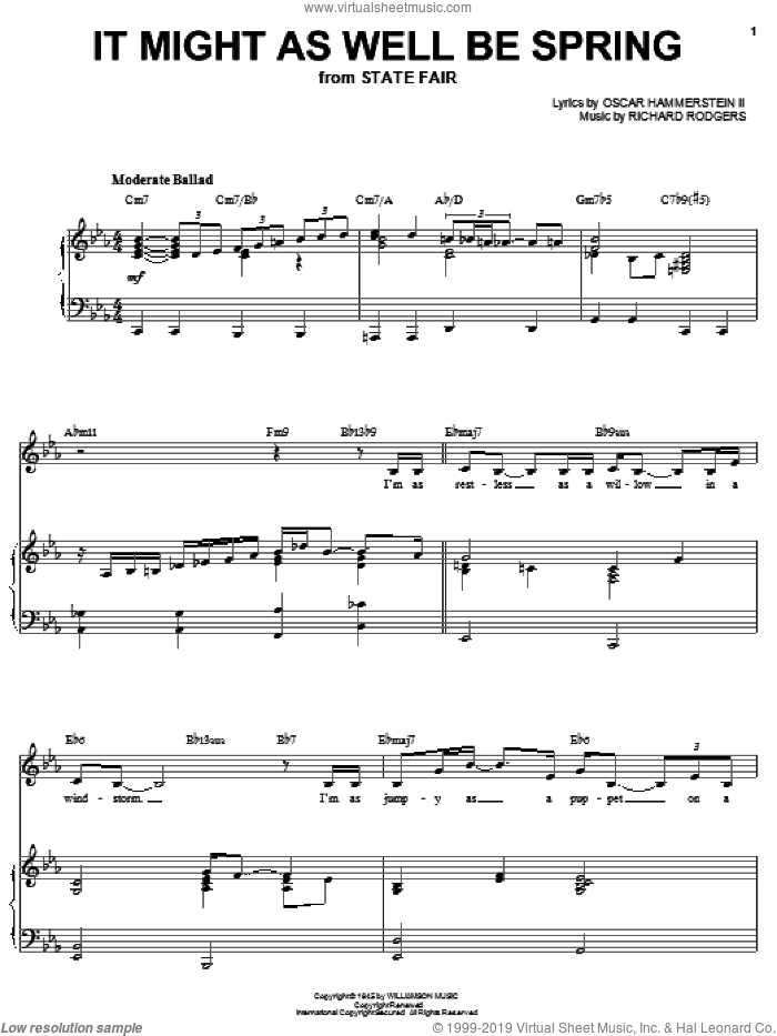 It Might As Well Be Spring sheet music for voice and piano by Sarah Vaughan, Rodgers & Hammerstein, State Fair (Musical), Oscar II Hammerstein and Richard Rodgers, intermediate skill level