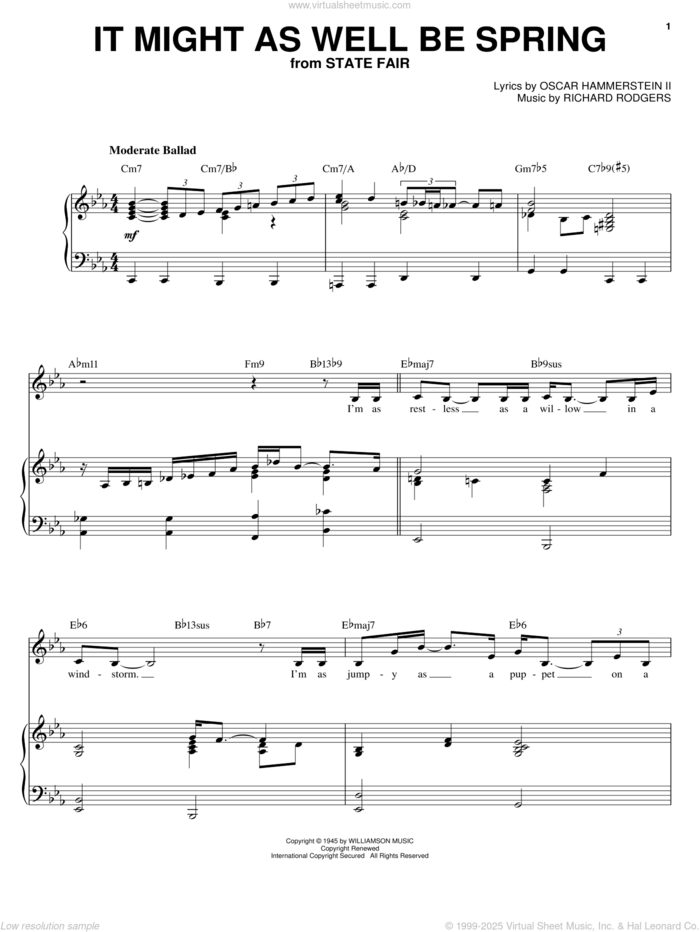It Might As Well Be Spring sheet music for voice and piano by Sarah Vaughan, Rodgers & Hammerstein, State Fair (Musical), Oscar II Hammerstein and Richard Rodgers, intermediate skill level