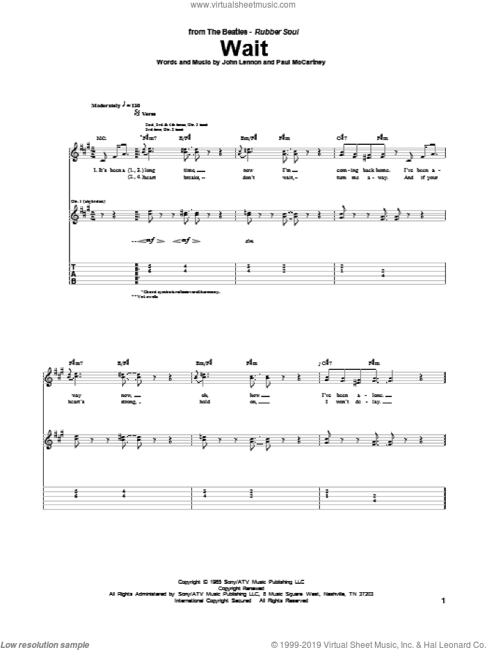 Wait sheet music for guitar (tablature) by The Beatles, John Lennon and Paul McCartney, intermediate skill level
