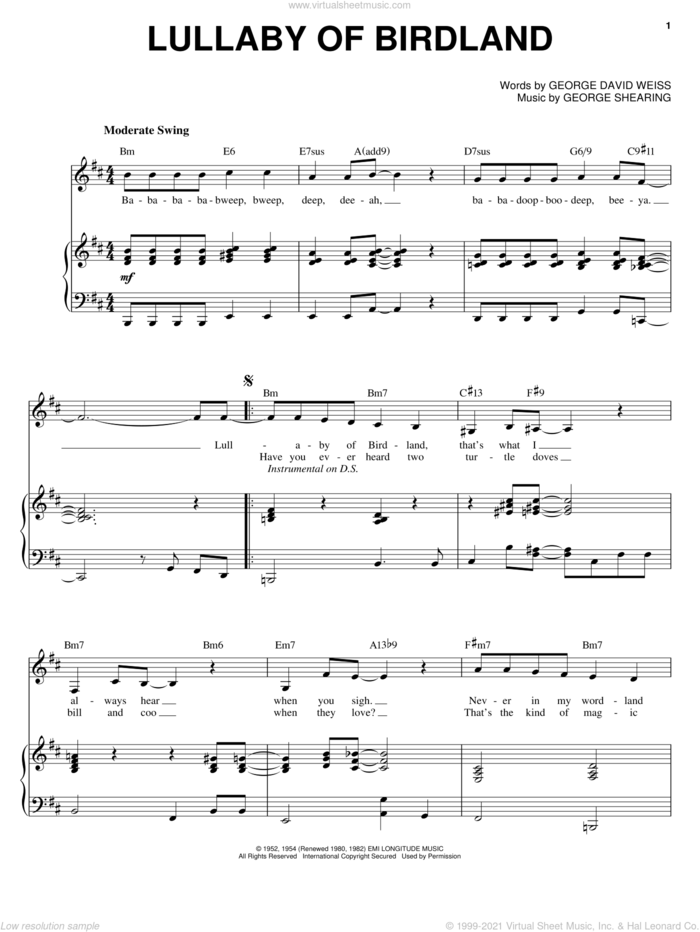Lullaby Of Birdland sheet music for voice and piano by Sarah Vaughan, Count Basie, Duke Ellington, Ella Fitzgerald, Mel Torme, George David Weiss and George Shearing, intermediate skill level