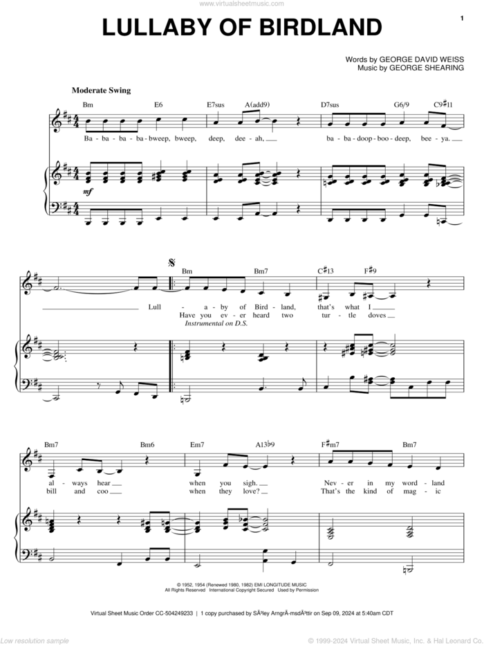 Lullaby Of Birdland sheet music for voice and piano by Sarah Vaughan, Count Basie, Duke Ellington, Ella Fitzgerald, Mel Torme, George David Weiss and George Shearing, intermediate skill level