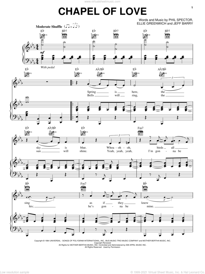Chapel Of Love sheet music for voice and piano by Bette Midler, The Dixie Cups, Ellie Greenwich, Jeff Barry and Phil Spector, intermediate skill level