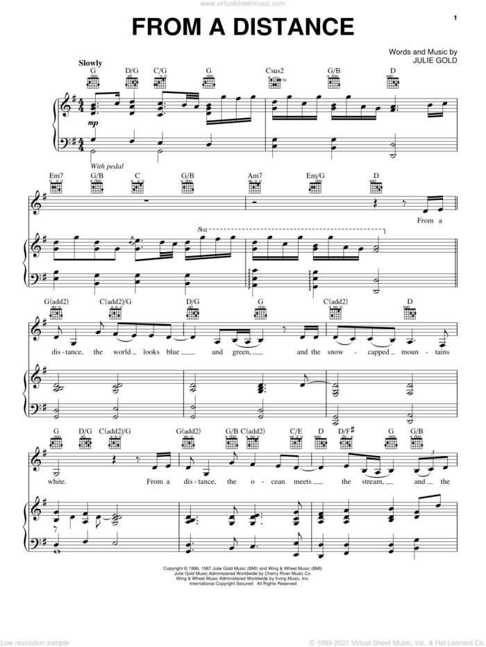 From A Distance sheet music for voice and piano by Bette Midler, Nanci Griffith and Julie Gold, intermediate skill level