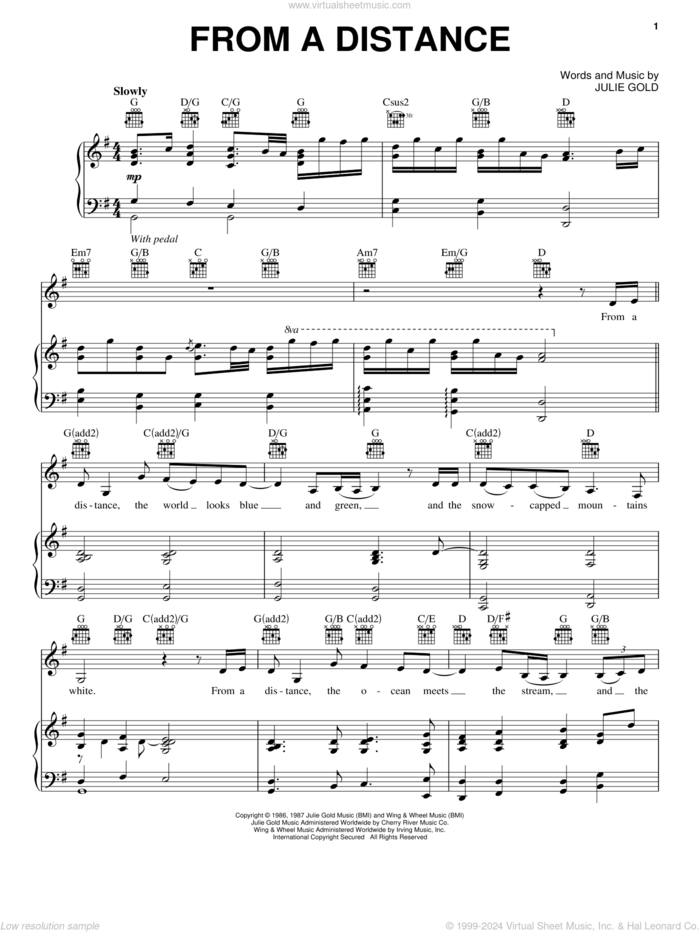 From A Distance sheet music for voice and piano by Bette Midler, Nanci Griffith and Julie Gold, intermediate skill level