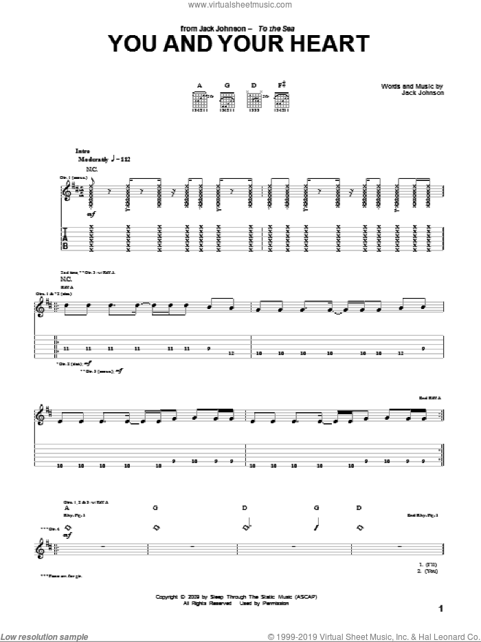 You And Your Heart sheet music for guitar (tablature) by Jack Johnson, intermediate skill level