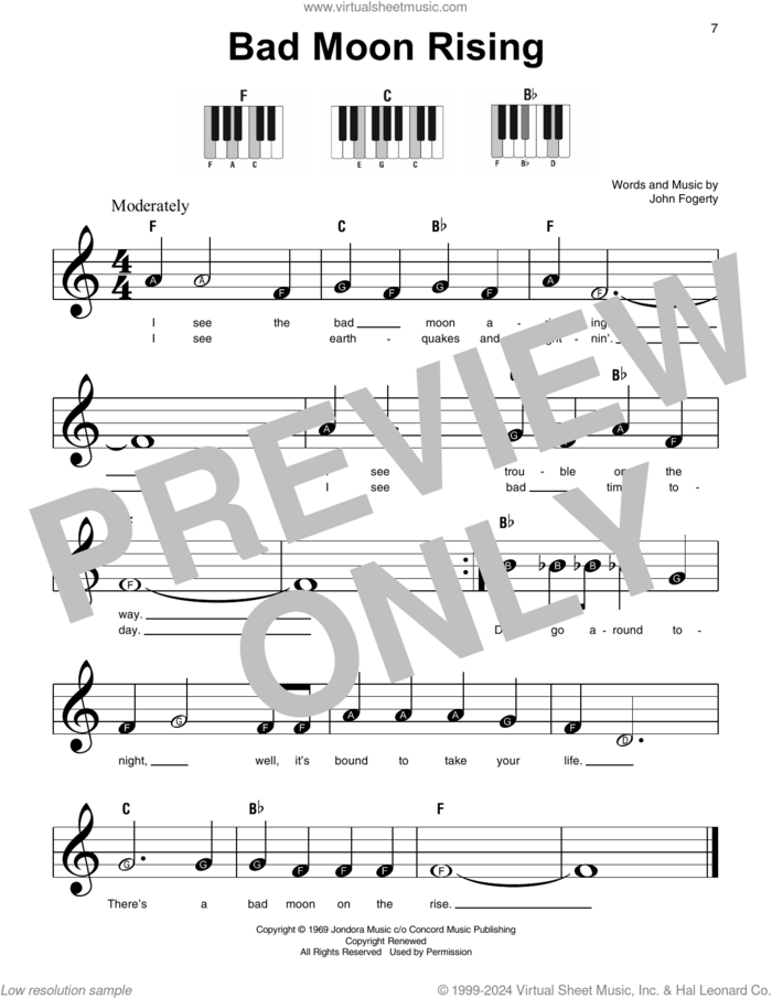 Bad Moon Rising sheet music for piano solo by Creedence Clearwater Revival and John Fogerty, beginner skill level