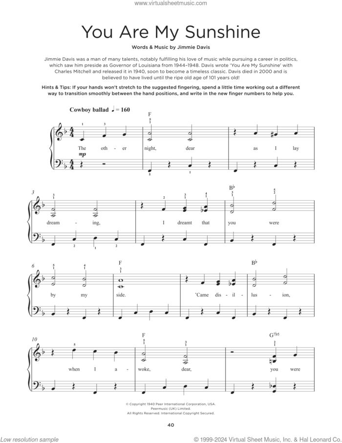 You Are My Sunshine sheet music for piano solo by Jimmie Davis, Duane Eddy and Ray Charles, beginner skill level