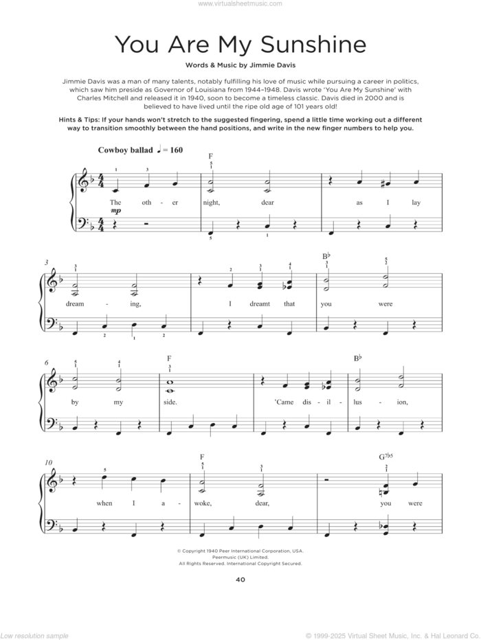 You Are My Sunshine sheet music for piano solo by Jimmie Davis, Duane Eddy and Ray Charles, beginner skill level