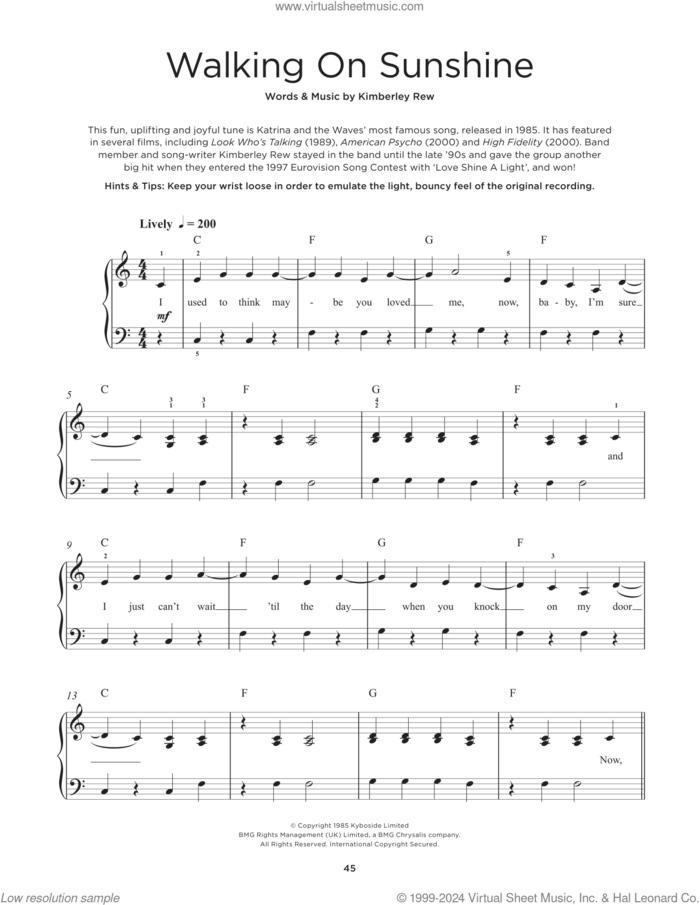 Walking On Sunshine sheet music for piano solo by Katrina And The Waves and Kimberley Rew, beginner skill level