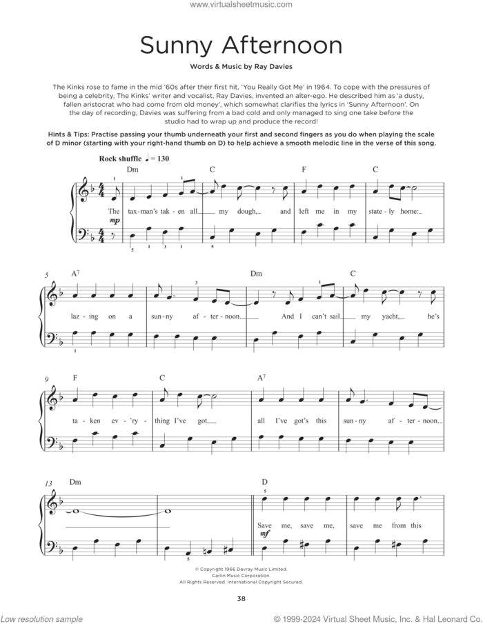 Sunny Afternoon sheet music for piano solo by The Kinks and Ray Davies, beginner skill level