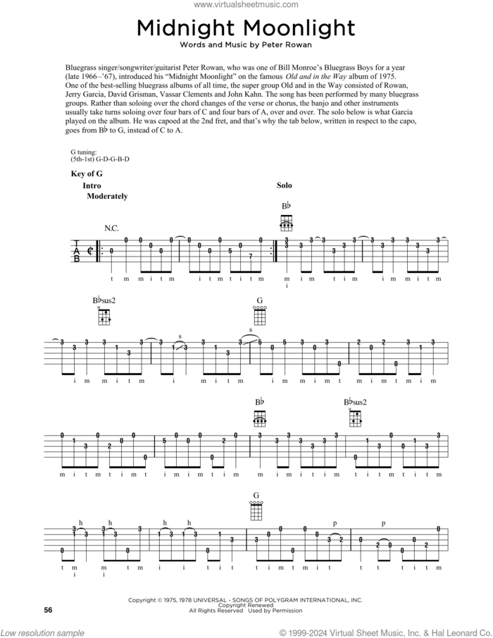 Midnight Moonlight (arr. Fred Sokolow) sheet music for banjo solo by Peter Rowan and Fred Sokolow, intermediate skill level