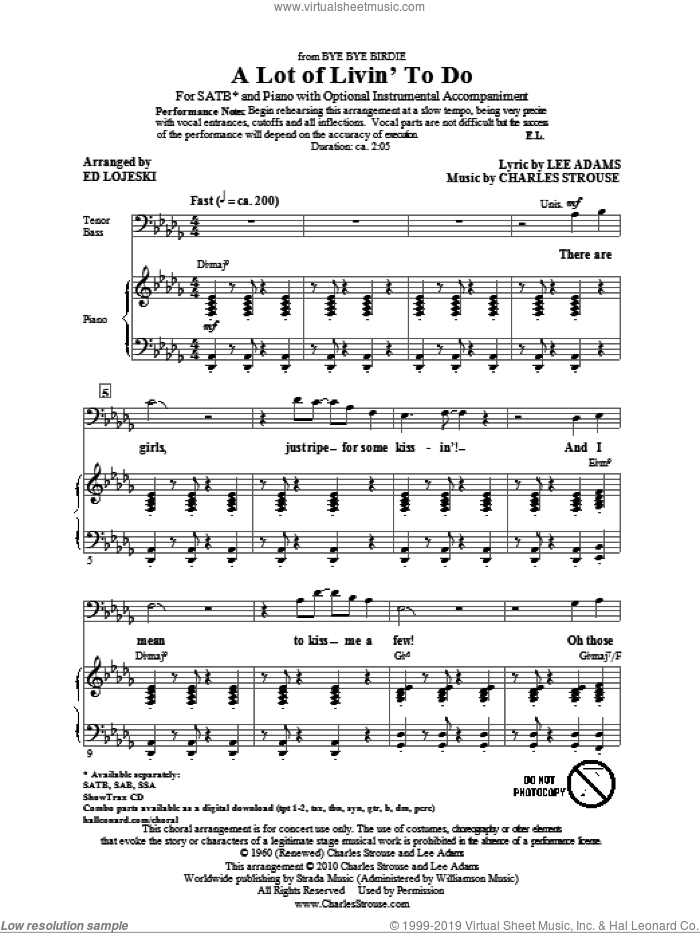 A Lot Of Livin' To Do sheet music for choir (SATB: soprano, alto, tenor, bass) by Charles Strouse, Lee Adams and Ed Lojeski, intermediate skill level