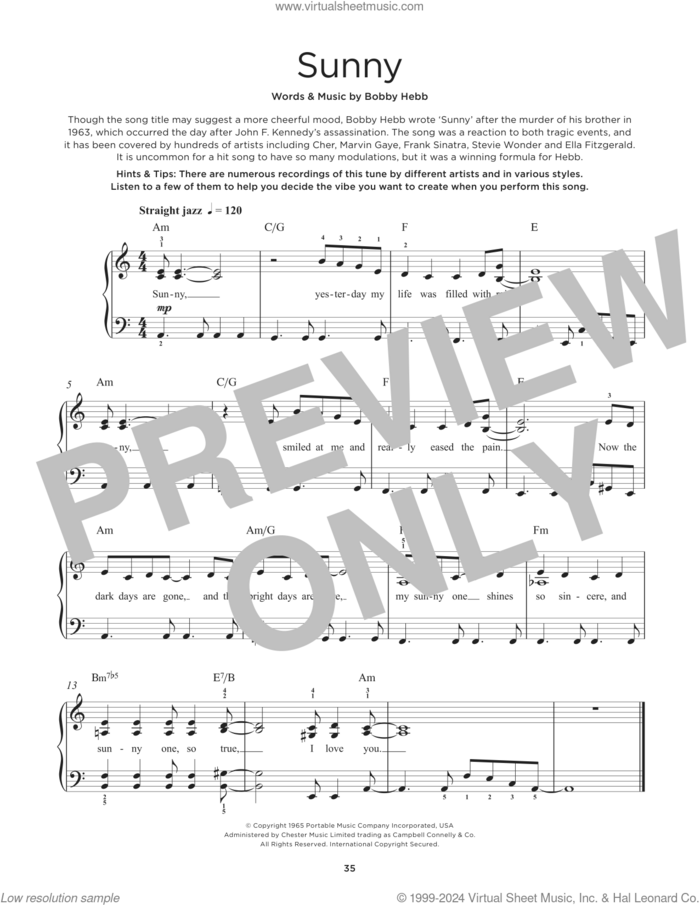 Sunny sheet music for piano solo by Bobby Hebb and Pat Martino, beginner skill level