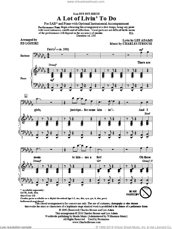 A Lot Of Livin' To Do sheet music for choir (SAB: soprano, alto, bass) by Charles Strouse, Lee Adams and Ed Lojeski, intermediate skill level
