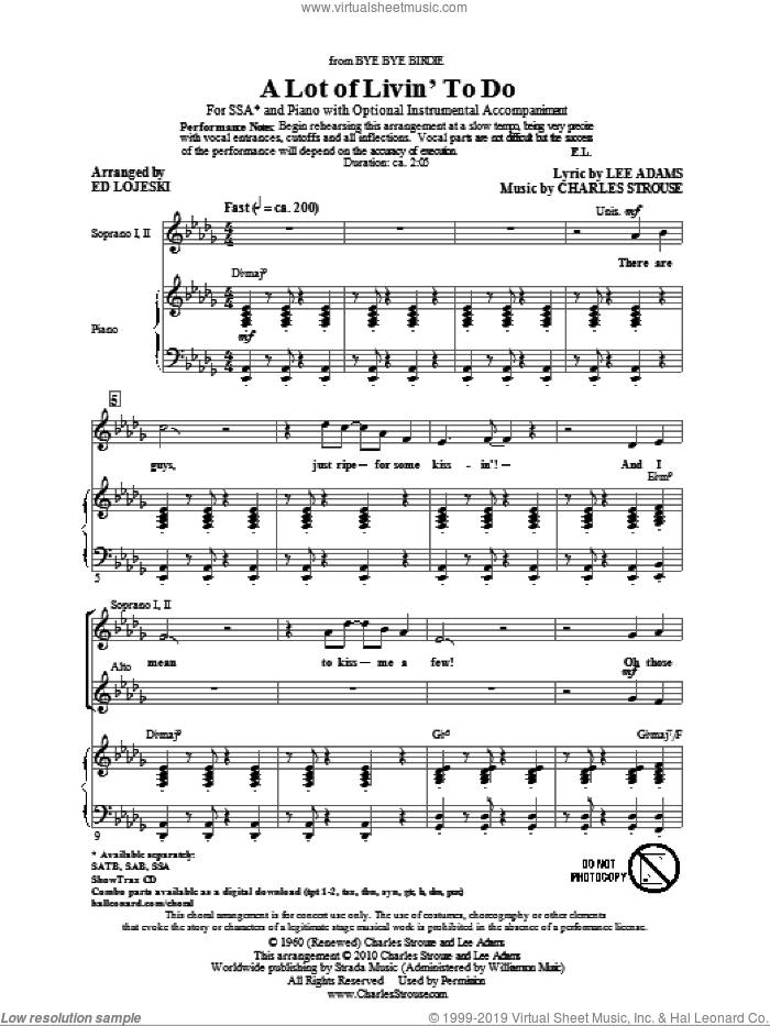 A Lot Of Livin' To Do sheet music for choir (SSA: soprano, alto) by Charles Strouse, Lee Adams and Ed Lojeski, intermediate skill level