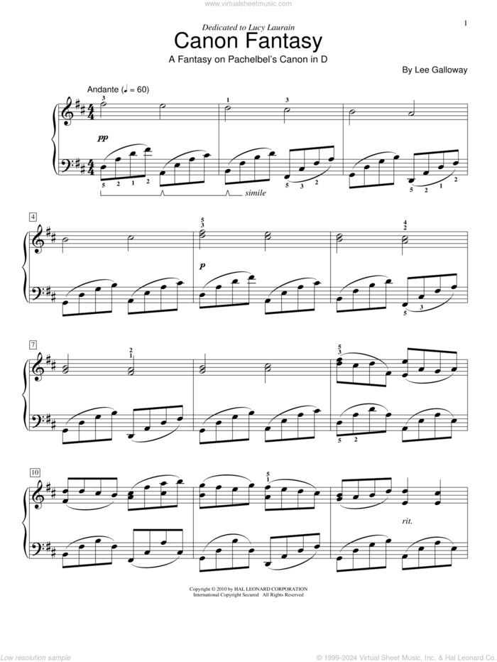 Canon Fantasy sheet music for piano solo (elementary) by Lee Galloway, classical score, beginner piano (elementary)