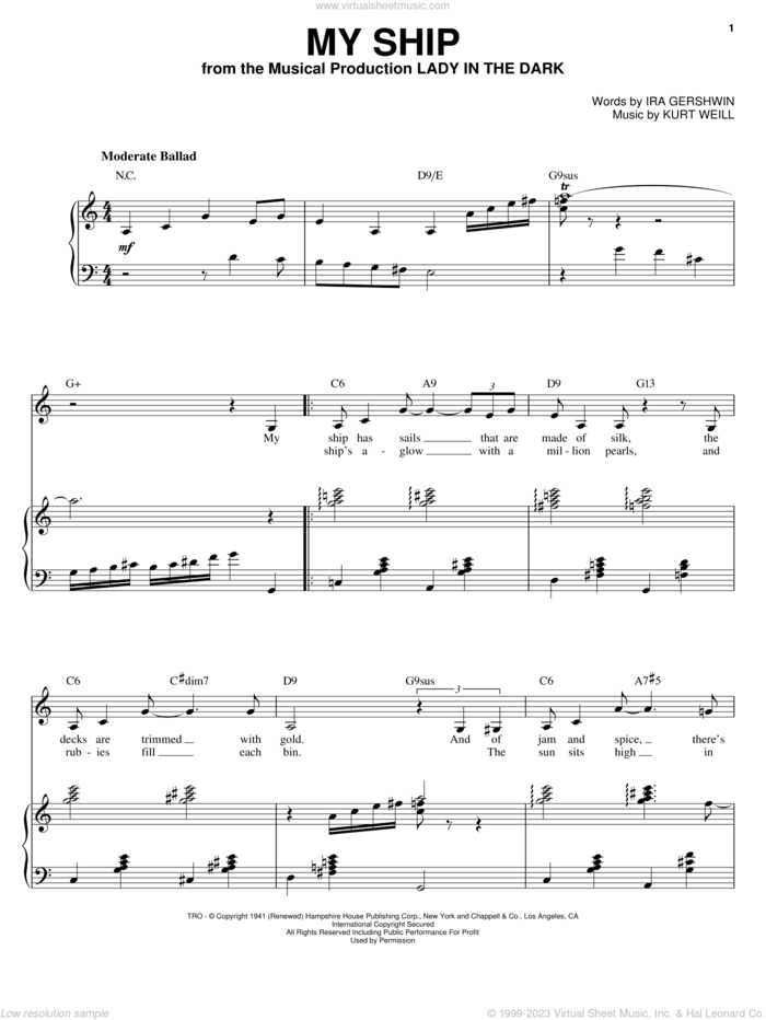 My Ship sheet music for voice and piano by Sarah Vaughan, Ira Gershwin and Kurt Weill, intermediate skill level