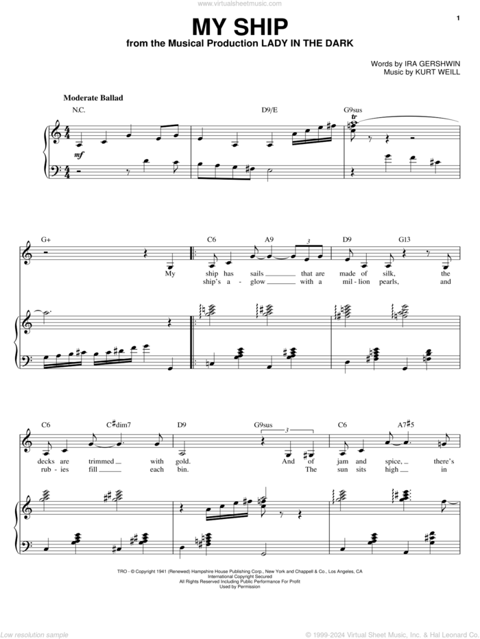 My Ship sheet music for voice and piano by Sarah Vaughan, Ira Gershwin and Kurt Weill, intermediate skill level