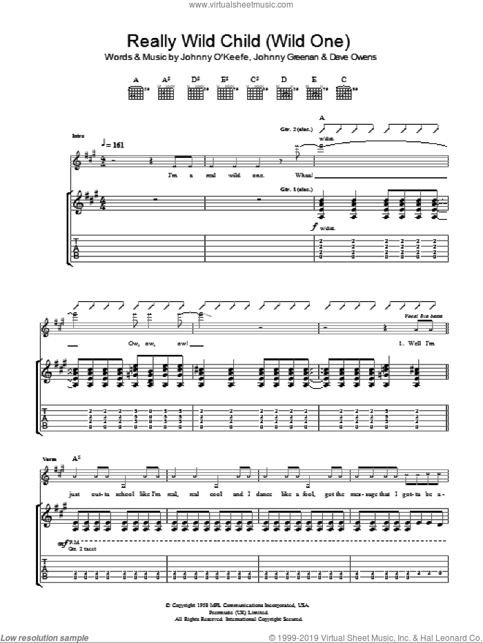 Real Wild Child (Wild One) sheet music for guitar (tablature) by Iggy Pop & Jet, Iggy Pop, Nic Cester, Dave Owens and Johnny Greenan, intermediate skill level