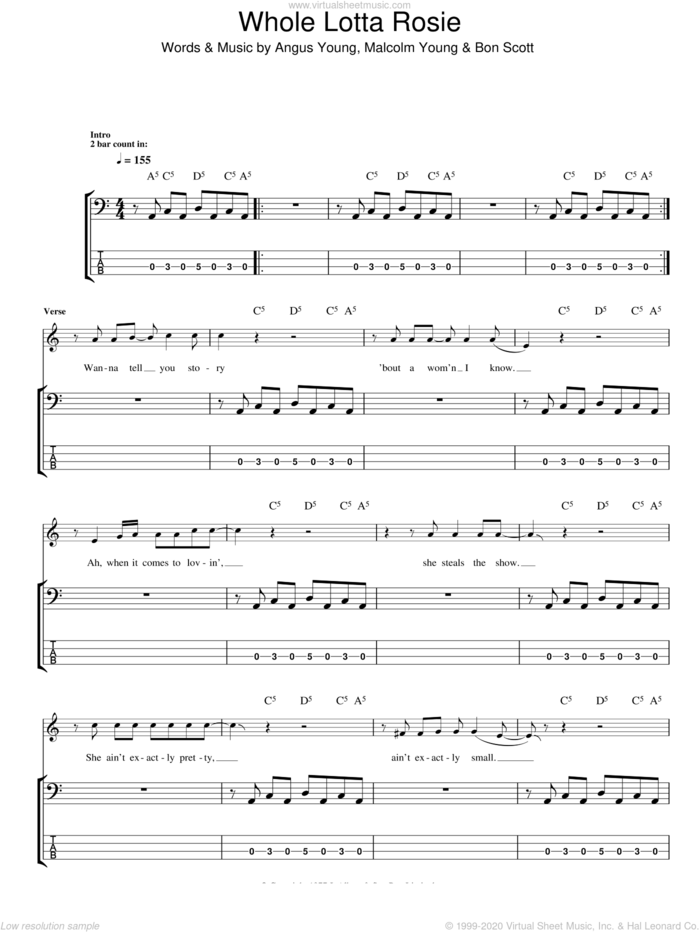 Whole Lotta Rosie sheet music for bass (tablature) (bass guitar) by AC/DC, Angus Young, Bon Scott and Malcolm Young, intermediate skill level