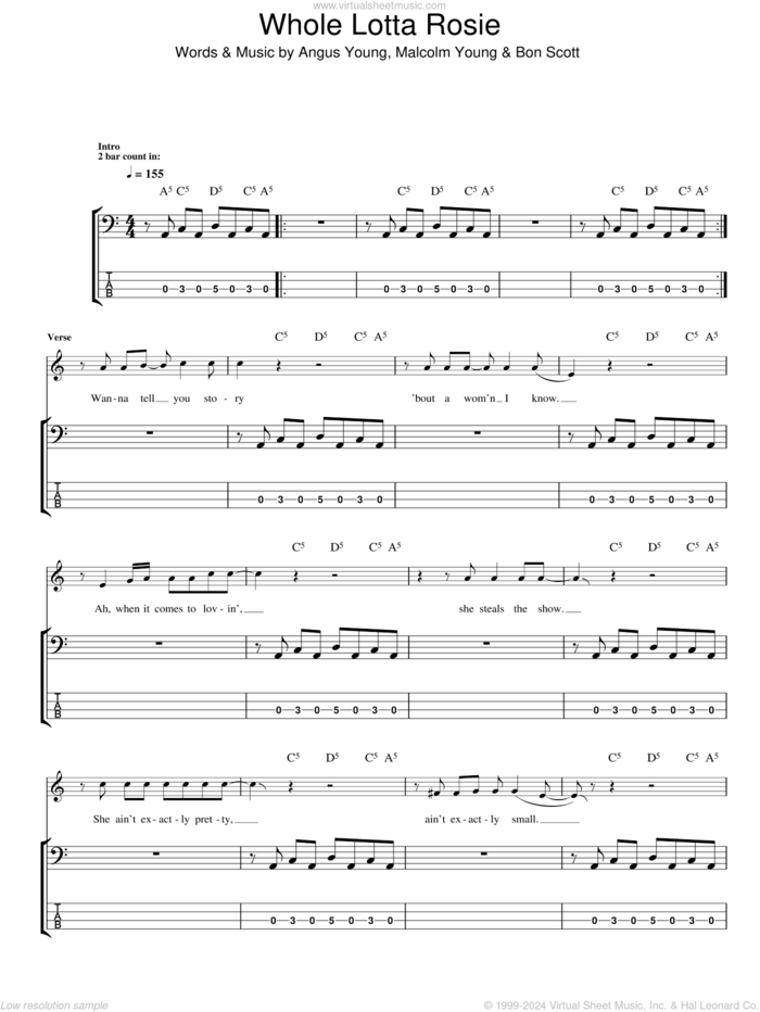 Whole Lotta Rosie sheet music for bass (tablature) (bass guitar) by AC/DC, Angus Young, Bon Scott and Malcolm Young, intermediate skill level