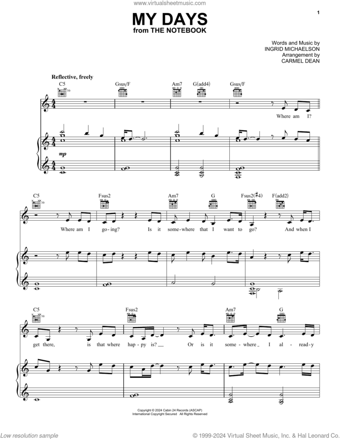 My Days (from The Notebook) sheet music for voice, piano or guitar by Ingrid Michaelson, intermediate skill level