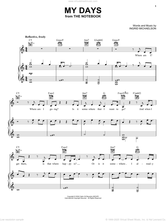 My Days (from The Notebook) sheet music for voice, piano or guitar by Ingrid Michaelson, intermediate skill level
