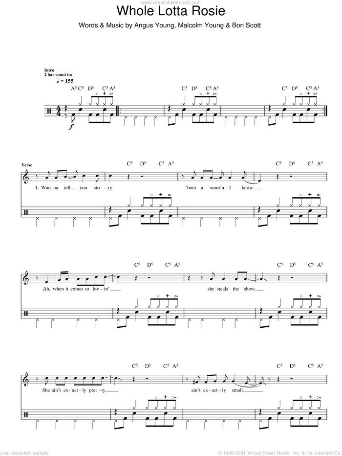 Whole Lotta Rosie (Drums) sheet music for voice and other instruments (fake book) by AC/DC, Angus Young, Bon Scott and Malcolm Young, intermediate skill level