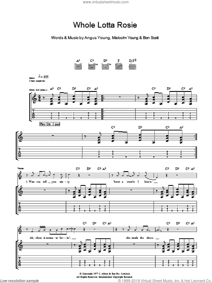 Whole Lotta Rosie sheet music for guitar (tablature) by AC/DC, Angus Young, Bon Scott and Malcolm Young, intermediate skill level