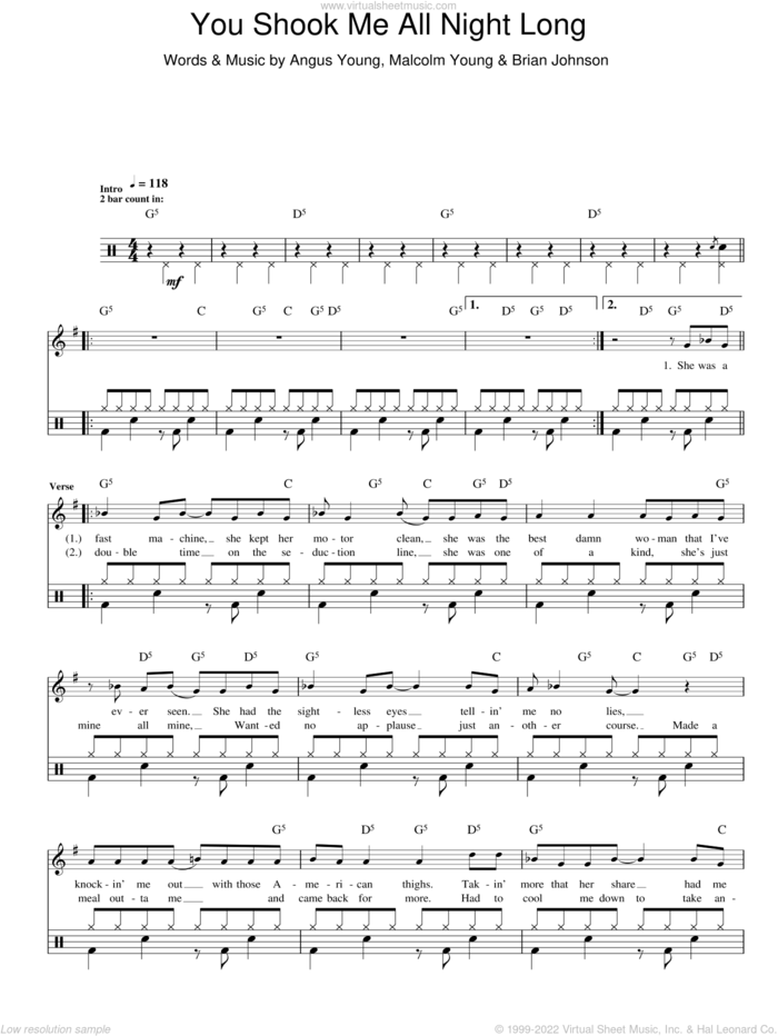 You Shook Me All Night Long sheet music for drums (percussions) by AC/DC, Angus Young, Brian Johnson and Malcolm Young, intermediate skill level