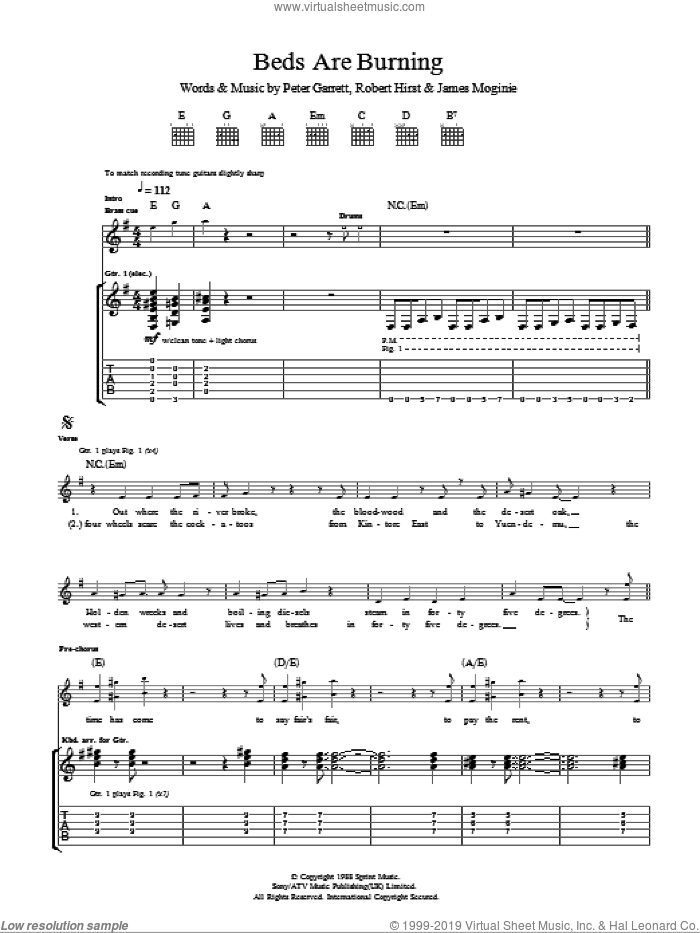 Beds Are Burning sheet music for guitar (tablature) by Midnight Oil, Jim Moginie, Peter Garrett and Robert Hirst, intermediate skill level
