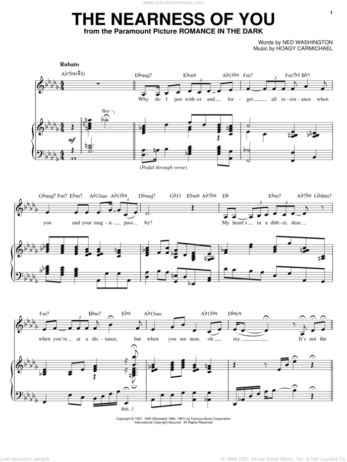 The Nearness Of You sheet music for voice and piano by Sarah Vaughan, Hoagy Carmichael and Ned Washington, intermediate skill level