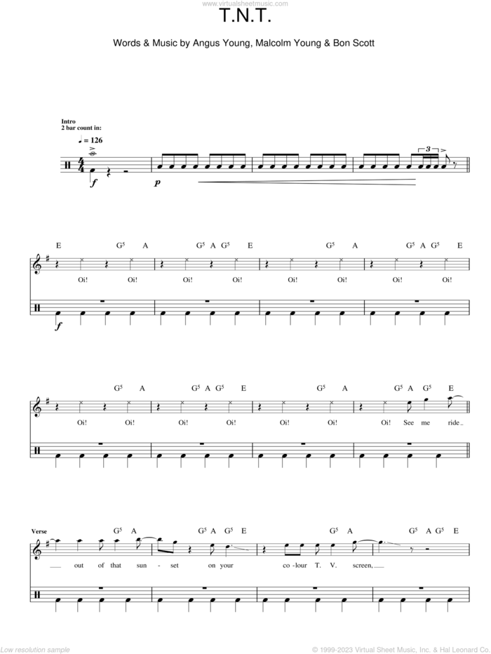 T.N.T. (Drums) sheet music for voice and other instruments (fake book) by AC/DC, Angus Young, Bon Scott and Malcolm Young, intermediate skill level