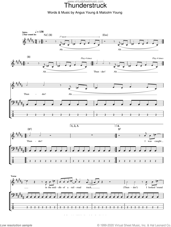 Thunderstruck sheet music for bass (tablature) (bass guitar) by AC/DC, Angus Young and Malcolm Young, intermediate skill level