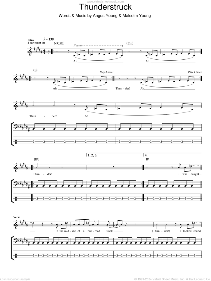 Thunderstruck sheet music for bass (tablature) (bass guitar) by AC/DC, Angus Young and Malcolm Young, intermediate skill level