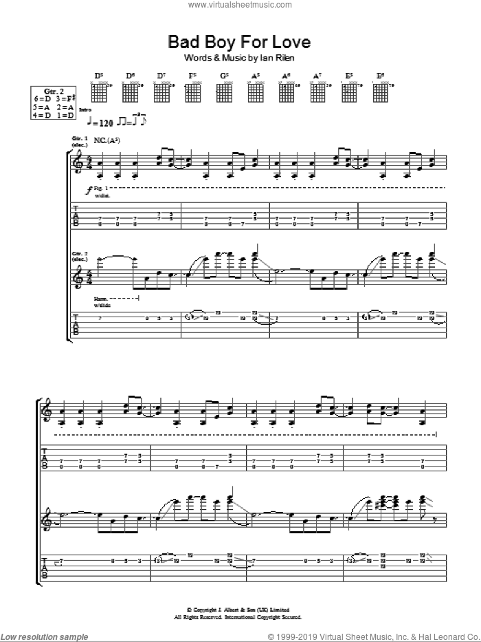 Bad Boy For Love sheet music for guitar (tablature) by Rose Tattoo and Ian Rilen, intermediate skill level