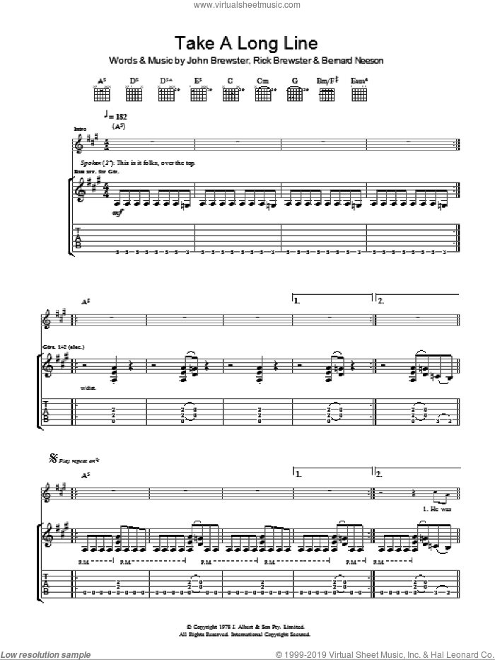Take A Long Line sheet music for guitar (tablature) by The Angels, Bernard Neeson, John Brewster and Rick Brewster, intermediate skill level