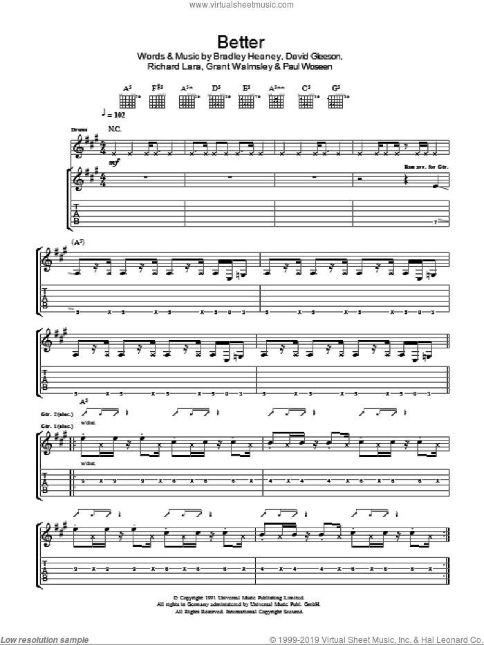 Better sheet music for guitar (tablature) by The Screaming Jets, Bradley Heaney, David Gleeson, Grant Walmsley, Paul Woseen and Richard Lara, intermediate skill level