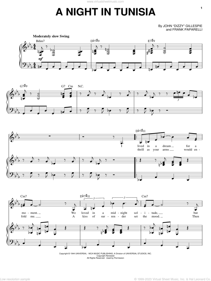 A Night In Tunisia sheet music for voice and piano by Sarah Vaughan, Dizzy Gillespie and Frank Paparelli, intermediate skill level