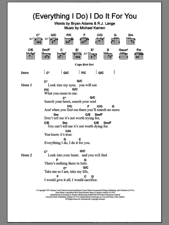 (Everything I Do) I Do It For You sheet music for guitar (chords) by Bryan Adams, Michael Kamen and Robert John Lange, intermediate skill level
