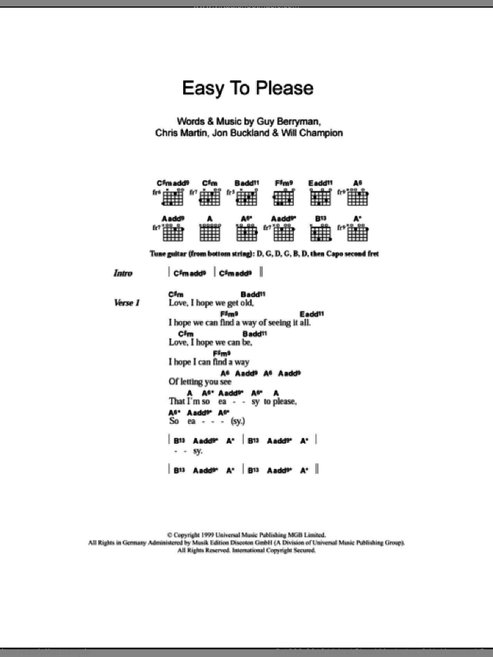 Easy To Please sheet music for guitar (chords) by Coldplay, Chris Martin, Guy Berryman, Jon Buckland and Will Champion, intermediate skill level